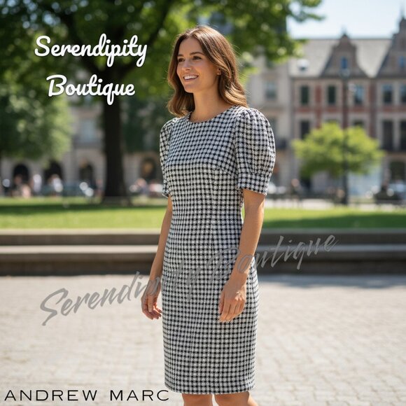 Andrew Marc Houndstooth Pleated Puffed Sleeve Round Neck Midi Sheath Dress - Picture 1 of 9